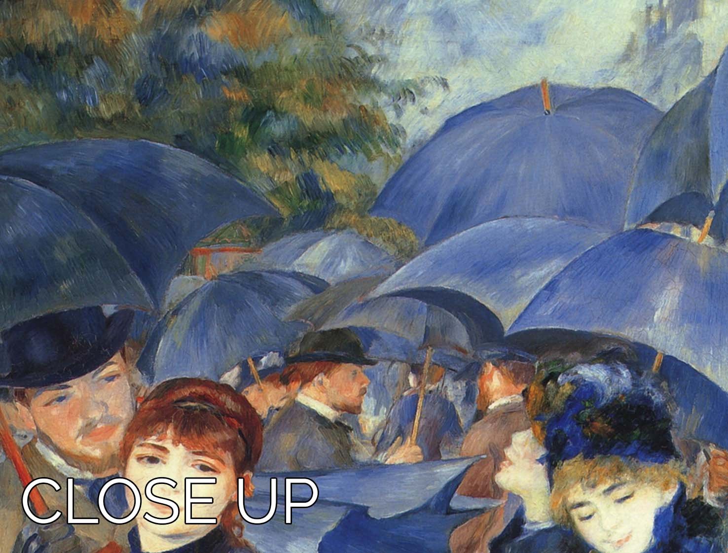 Three-panel canvas print of Renoir's The Umbrellas, showcasing vibrant colors and intricate details.